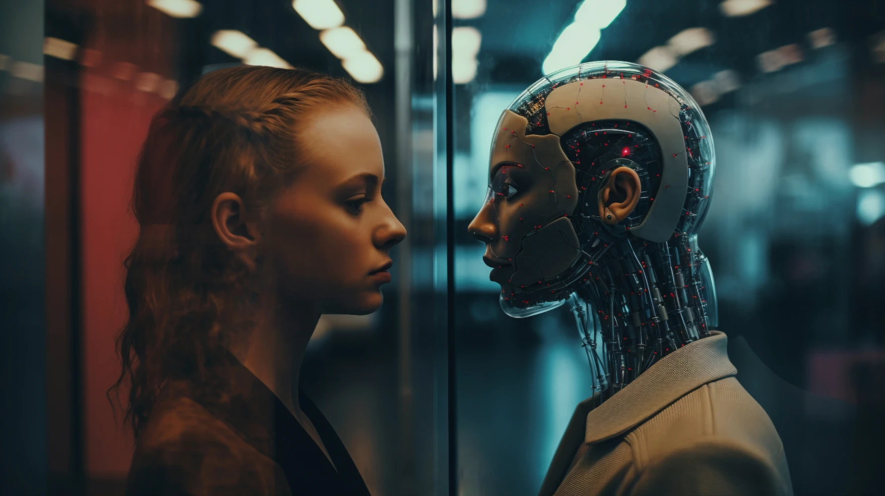 Mujer hablando con robot